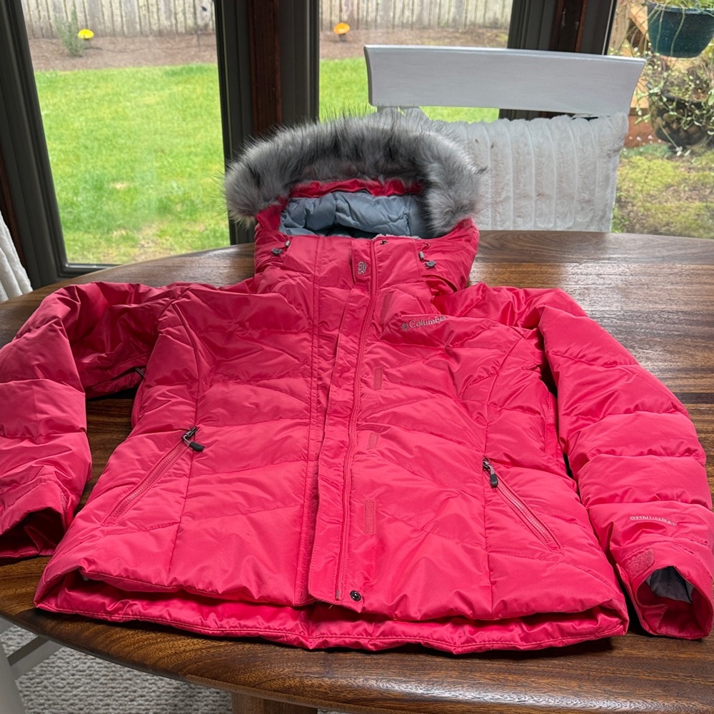 Columbia Women's Bright Pink/Silver Puffer Coat with Faux Fur Trim